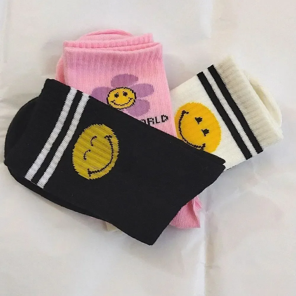 Smiley World 3‎ Pairs Girl's Crew Socks NWOT Pink White Black Girly Floral